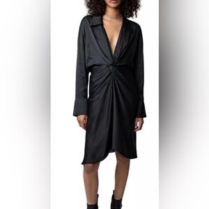 NEW ZADIG & VOLTAIRE Rozo Satin Twist Dress in Black Collared Small